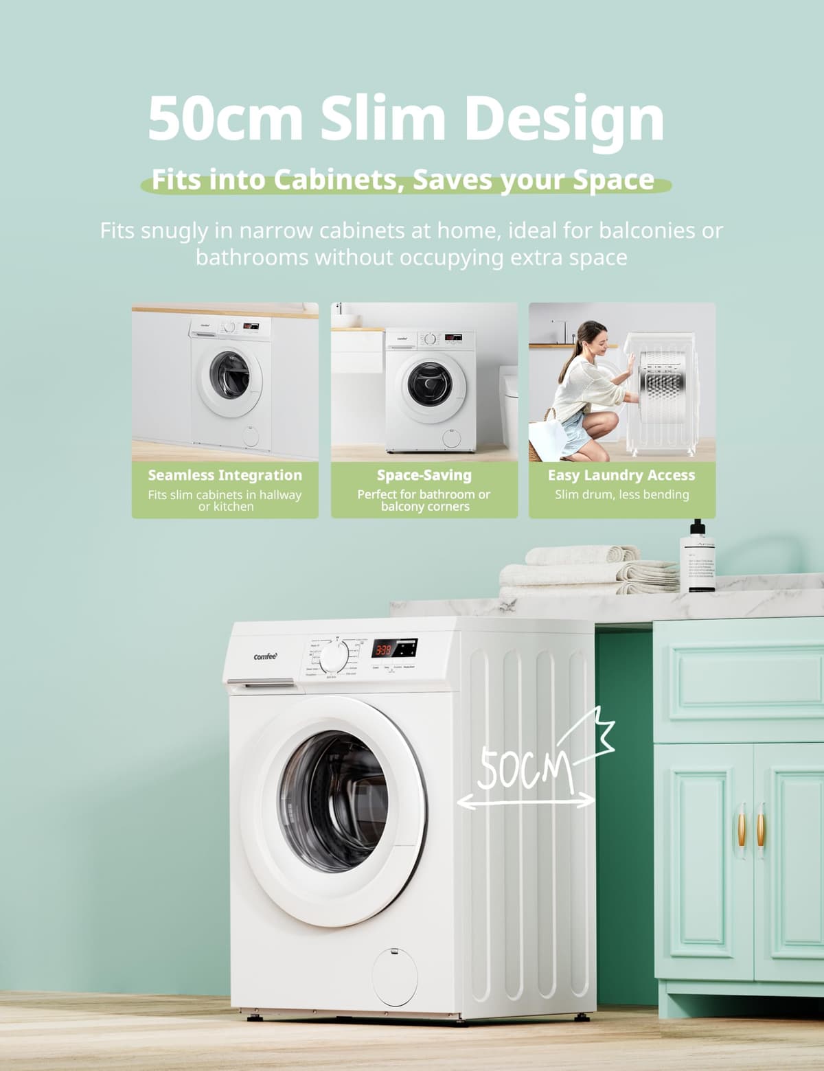 COMFEE' Freestanding Washing Machine,9KG Load,1400RPM,Steam Wash,Slim Design,Quick Wash,BLDC Durable Inverter Motor,White-CFE12EW90/W — view 5