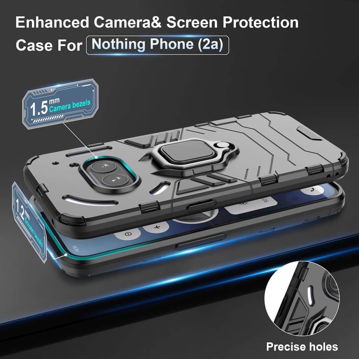 Funda para CMF Phone 2 Pro, Carcasa Antigolpes con Soporte anular metálico, Case Protectora de Grado Militar, Negro — view 700