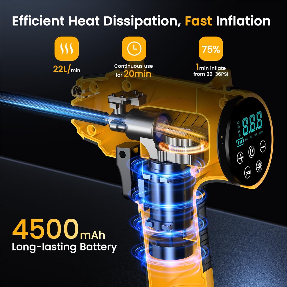 Tyre Inflator Air Compressor - 22L/min Portable Car Accessories, Rechargeable Battery Tyre Pump, Digital Cordless Electric Pump with LED Light, 4 Preset Modes for Car/Bike/Motorcycle/Ball — view 3