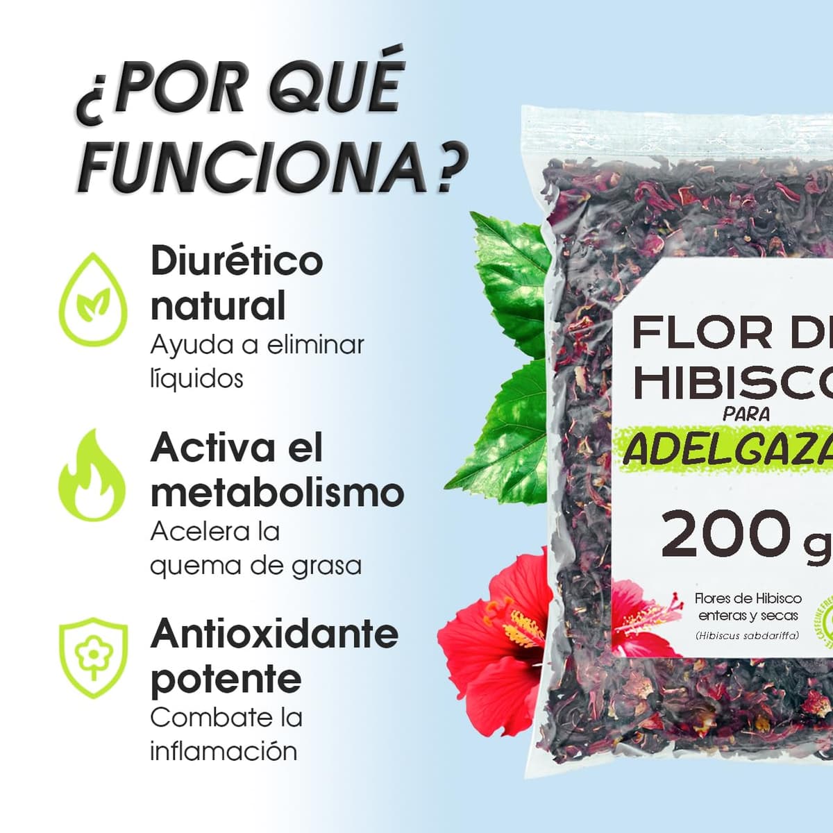 Flor de Jamaica para Adelgazar 200g - Te de Hibisco para Reducir Hinchazon de Barriga - Infusion Antioxidante y Natural para Bajar de Peso - Te Frio Detox para Aliviar Inflamacion — view 2