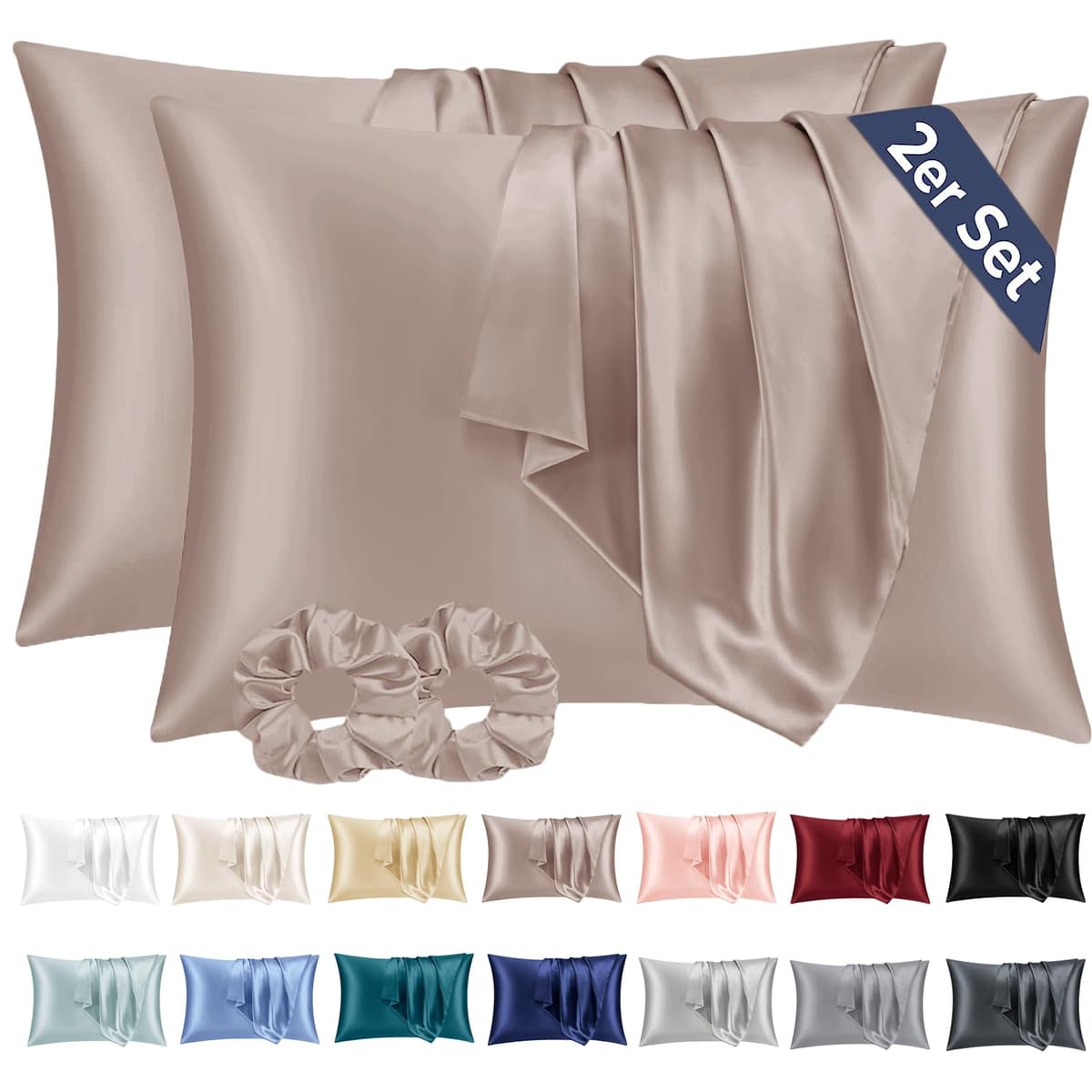 Vielit 2 Pack Satin Pillowcase for Hair and Skin Cooling,Soft as Silk Pillowcase for Hair and Skin,Easier Care than Silk Pillow Case Beige 50x75cm Gifts for Women Envelope & 2 Scrunchies — view 27
