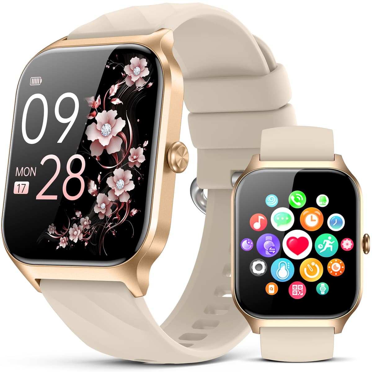 Kriutefy Smart Watch for Women Men - Answer/Make Call, Fitness Tracker Smartwatch for Android iPhone Compatible, Sleep Female Cycle, 120+ Sports Modes Step Counter (Champagne Gold, 2 Straps)
