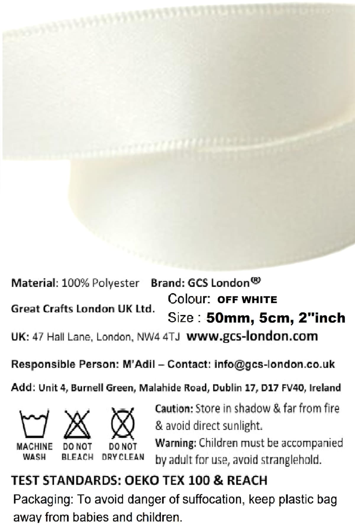 Double Sided Faced Satin Ribbon Size 50mm x 10 Meters (Off White) Perfect for Gifts Wrap Sew Party, Decorations Events Dress Wedding Christmas Crafts, Bows Car, DIY, Bouquets, Cake More — view 2