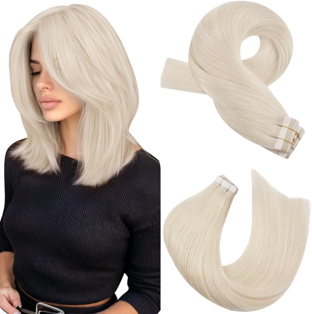 Moresoo Tape in Human Hair Extensions 20 Inch Highlight 50g/20pcs Tape in Hair Extensions Human Hair Ash Blonde with Platinum Blonde #P18/613 — view 47