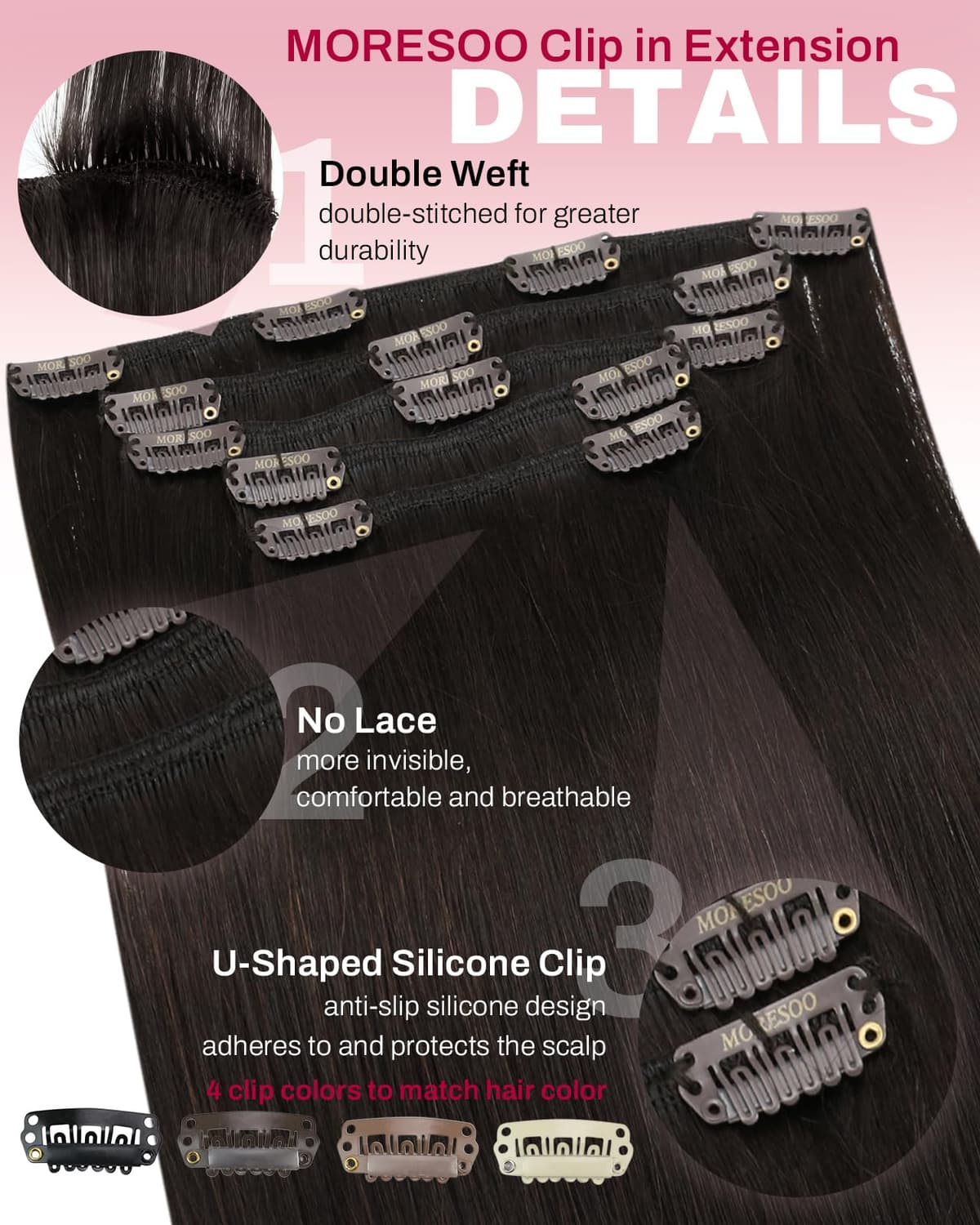 Moresoo Hair Extensions Clip in Real Hair Dark Brown Invisible Full Head Clip in Human Hair Extensions Brunette Shoulder-length Short Remy Hair 12 Inch 5 Pieces/80g #2 — view 4