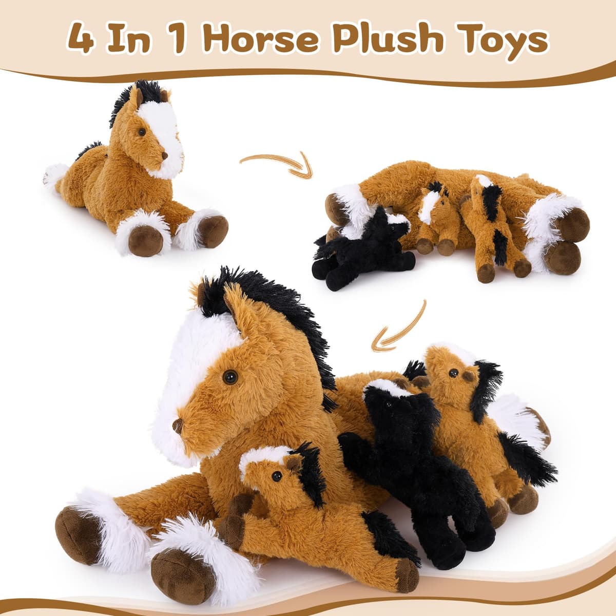 MorisMos Horse Soft Toys for Girls, Lifelike Cuddly Horses Teddy with Babies inside, Kawaii Plush Pony Stuffed Animal Presents for Kids Boys Birthday Party Decoration (Dark Brown 54cm) — view 2