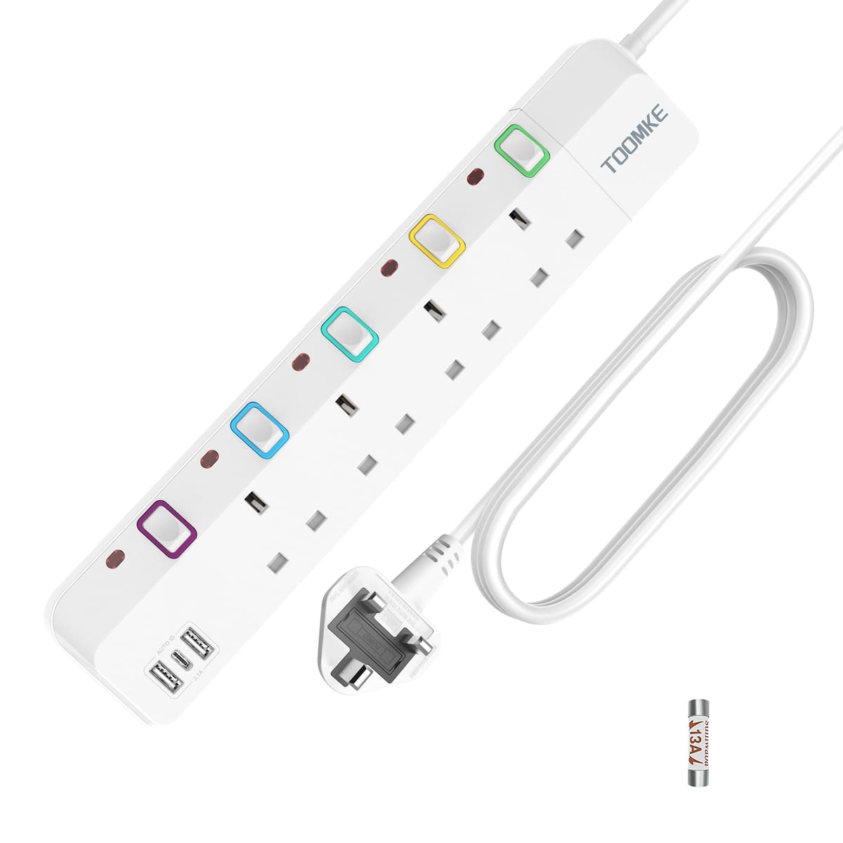 10M Extension Lead with Switches, 4 Way Extension Lead with 3 USB Ports (2 USB-A&1 USB C), Child Safety Protection Power Strip UK Plug Extension Socket 10 Meters Power Cord for Home Office