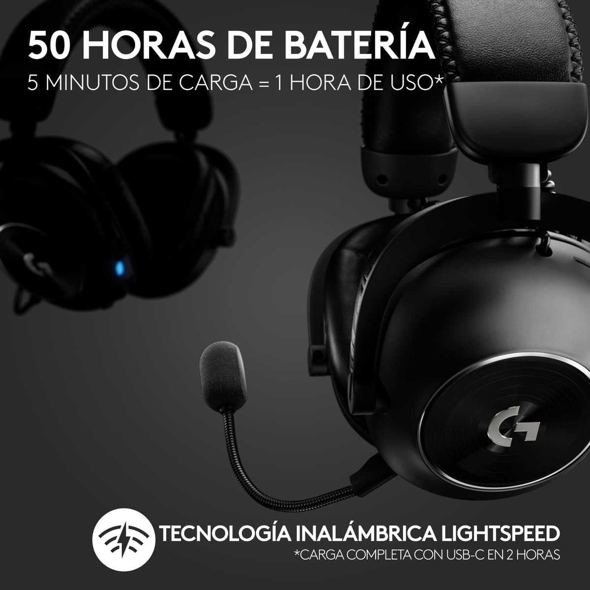 Logitech G PRO X 2 LIGHTSPEED Auriculares gaming inalámbricos, mic. brazo desmont., transductores grafeno 50 mm, DTS:X 2.0-7.1 Surround, Bluetooth/USB/3.5 mm Aux, PC, PS5, PS4, Nintendo Switch - Negro — view 3