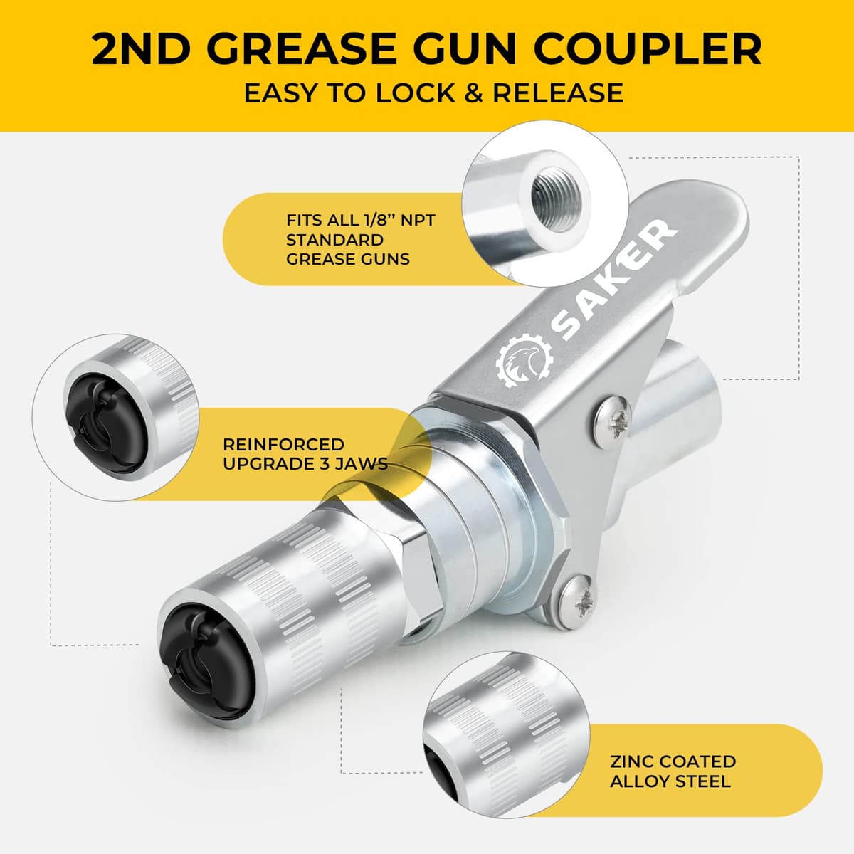 Saker Grease Gun Coupler-Upgrade to14000 PSI,Duty Quick Release Grease Couplers,Compatible with All Grease Guns 1/8" NPT Fittings(1 PC) — view 5