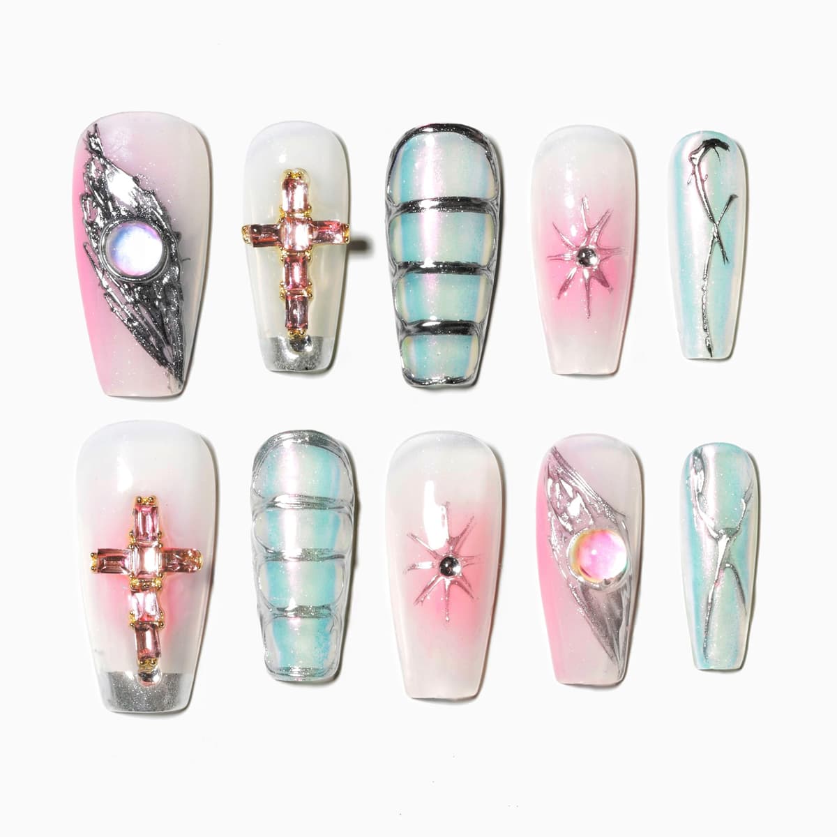 Sun&Beam Nails Handmade Press On Nail Long Coffin Ballerina Pink Flower Acrylic Fake Tip 3D Design Art Charms Cute with Storage Box 10 Pcs (S) — view 261