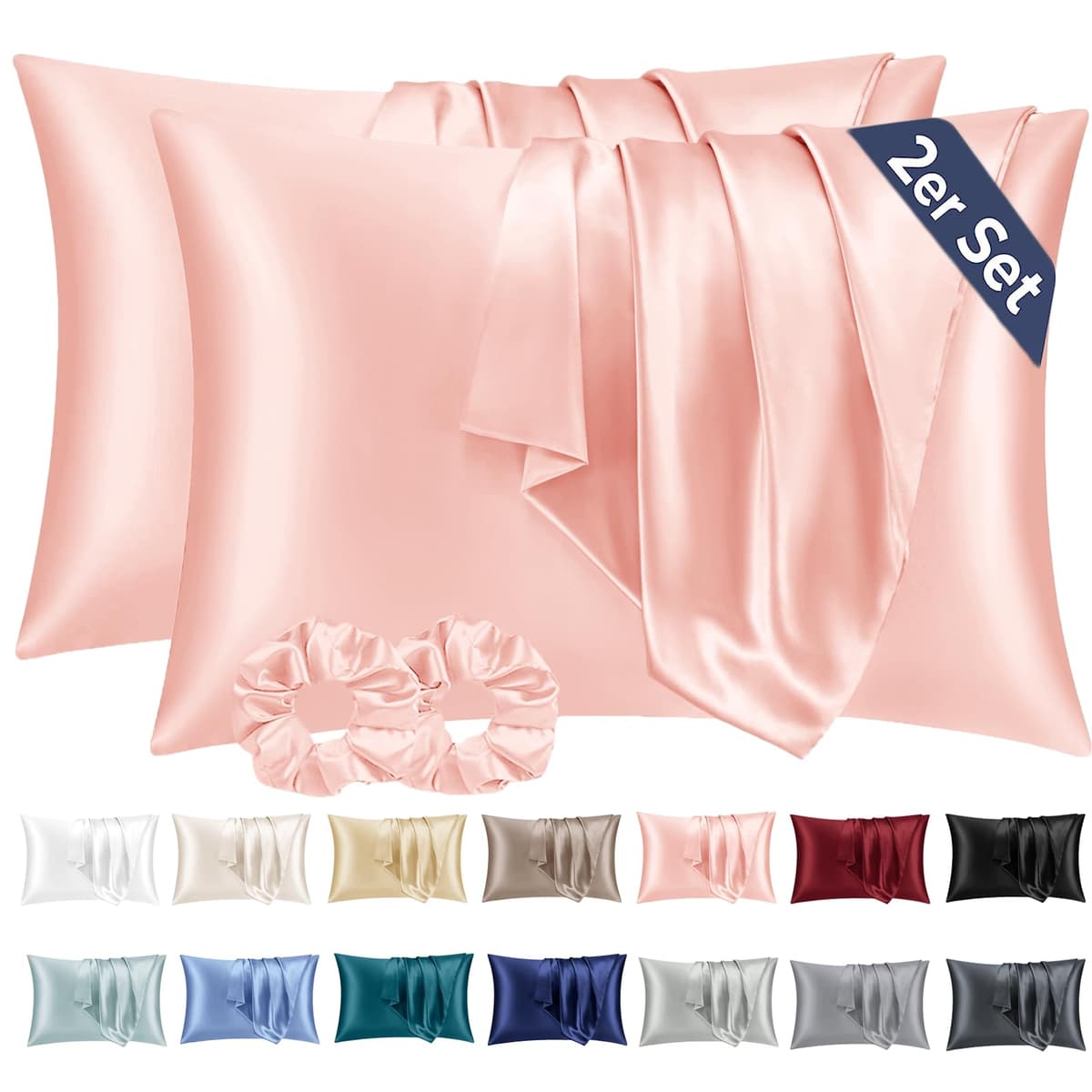 Vielit 2 Pack Satin Pillowcase for Hair and Skin Cooling,Soft as Silk Pillowcase for Hair and Skin,Easier Care than Silk Pillow Case Beige 50x75cm Gifts for Women Envelope & 2 Scrunchies — view 47