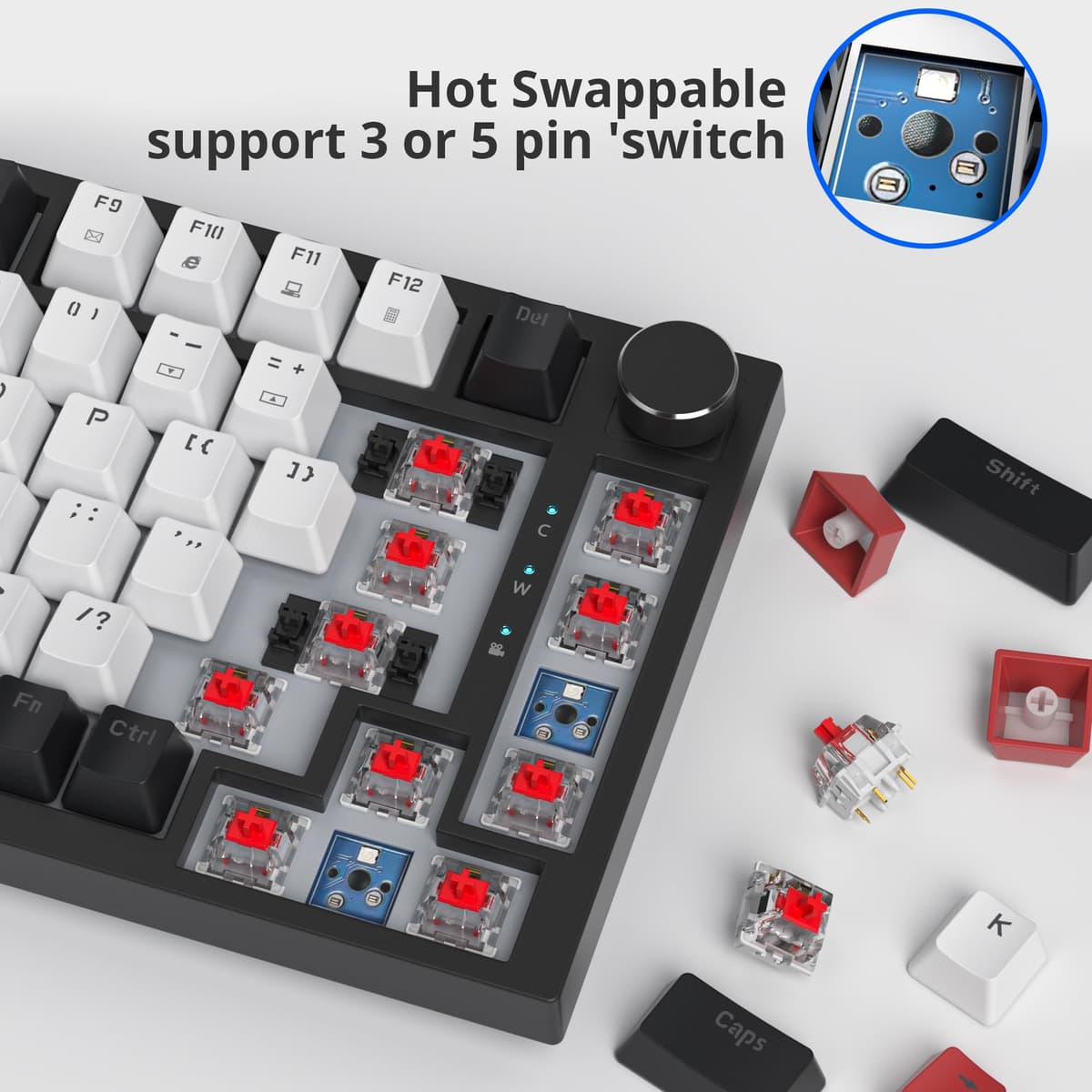 Solidee - Teclado mecánico con cable 75% intercambiable a caliente,Teclado retroiluminado RGB con interruptor rojo,TKL 82 teclas,Teclado compacto NKRO con botón de control de volumen (82 Black_White) — view 5