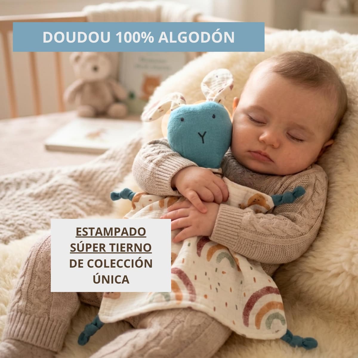 Manta Bebé Personalizada Nombre Bordado + Dou-Dou 100% Algodón - Fina y Ligera para Verano. Regalo Recién Nacido Niño Niña - Manta Suave y Peluche - Regalo Padres y Mamás Primerizas (Azul) — view 5