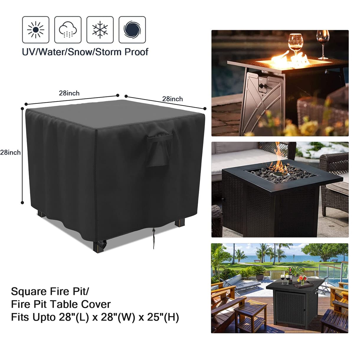 Fenghome Fire Pit Cover, Waterproof Square Fire Pit Cover with Adjustable Hem for Garden Furniture Fire Pit Table Heavy Duty Windproof Outdoor Fireplace Cover-76x76x63cm (Black) — view 2
