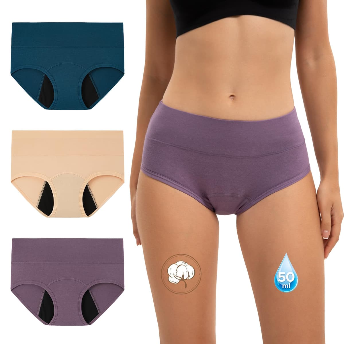 INNERSY Bragas Menstruales Mujer Flujo Abundante 50ML Braguitas Menstrual Cintura Alta Algodón Pack de 3