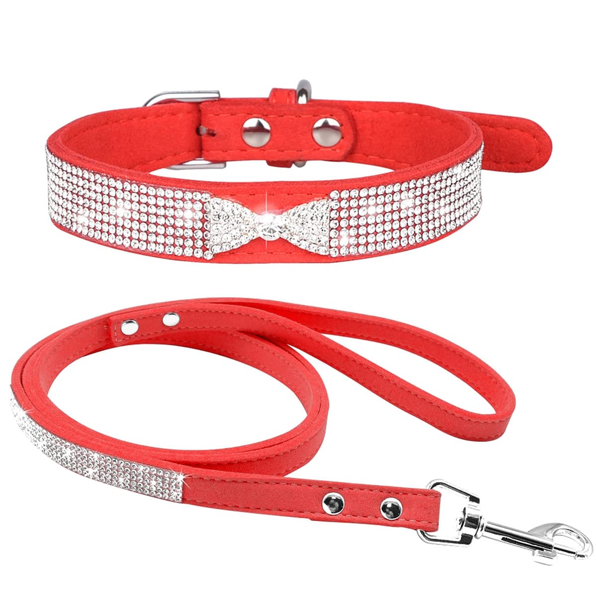 Cute Dazzling Sparkling Elegant Fancy Soft Suede Leather Bling Rhinestone Crystal Jeweled Pet Cat Dog Puppy Collar Dog Leash Combo Set (S, Black-2) — view 23