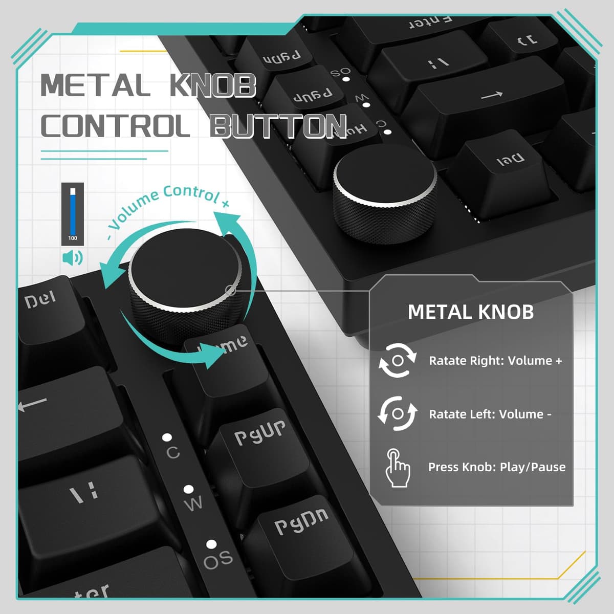 YINDIAO Ajazz AK820 Teclado Mecánico con Perilla,Diseño 75% ANSI,82 Teclas,Teclado para Juegos con Cable,5 Espumas Absorbentes de Sonido,Hot-Swap,Interruptor Rojo,Luz Blanca Hielo,para PC,Mac (Negro) — view 3