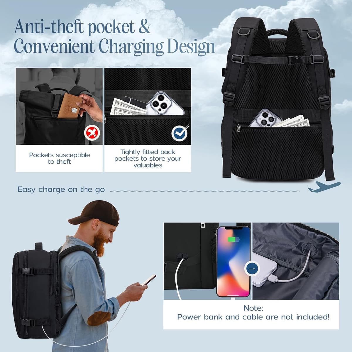 for Easyjet Cabin Bag 45x36x20, Travel Backpack with TSA Approved Clear Bag, Carry-ons Cabin Backpack for Travelling Underseat Cabin Bag Laptop Backpacks Luggage Set Black 45 x 36 x 20 cm — view 3