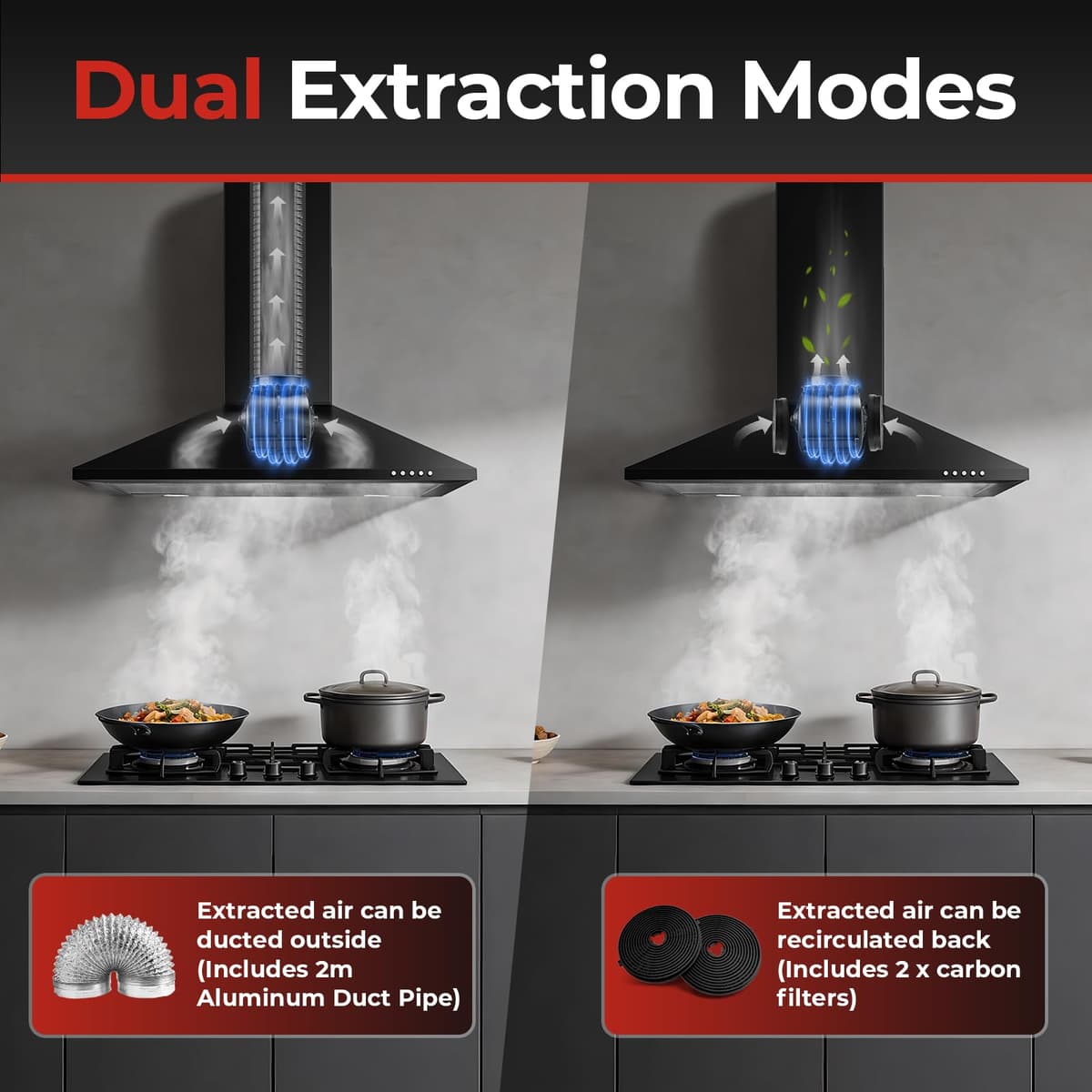 SNDOAS 60 cm Cooker Hood, Extractor Hood, Class A+++, 3-Speed Wall Mounted Range Hood, 400m³/h Extractor Fan kitchen with Carbon Filters, Black — view 6