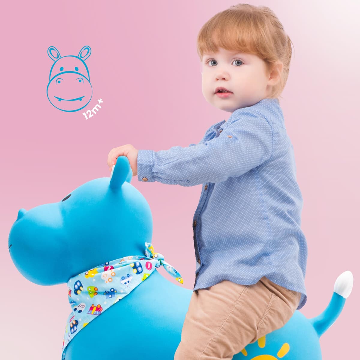 sun baby Saltador Hinchable para Niños hasta 45 Kg sin BPA, de 1 año, Pelotas saltarinas para niños (Hipopótamo Azul con pañuelo) — view 4