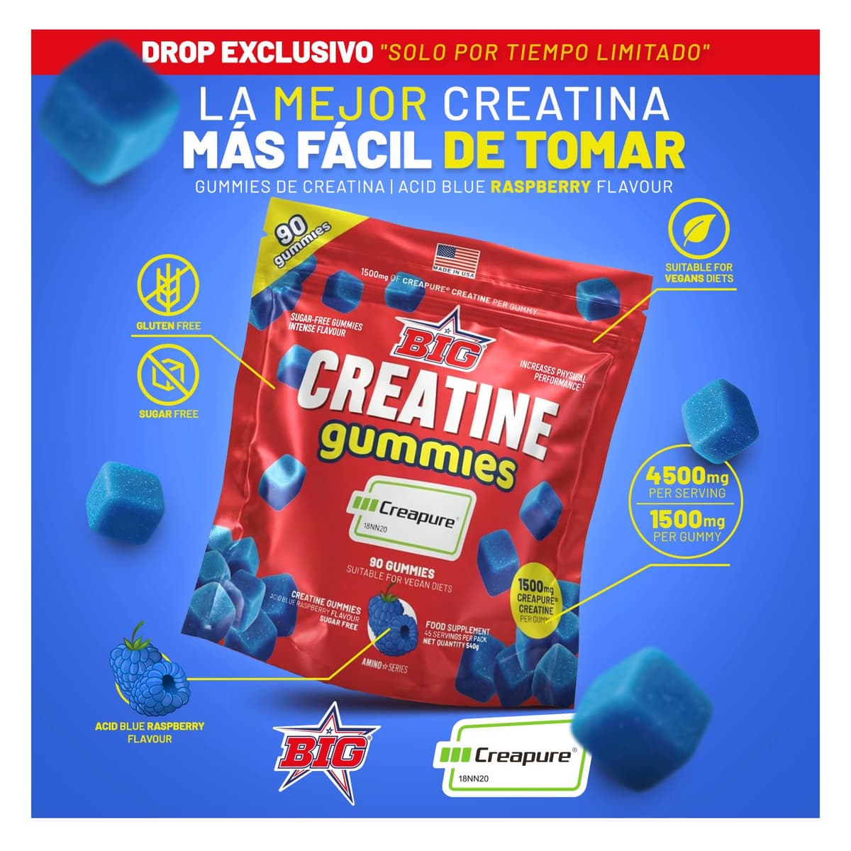 BIG - Gominolas de Creatina Monohidrato Creapure Sabor a Frambuesa Acida, 90 Gummies para Entrenamiento de Fuerza y Masa Muscular, Textura Suave, Megadosis 4.5g por toma (45 tomas) — view 3