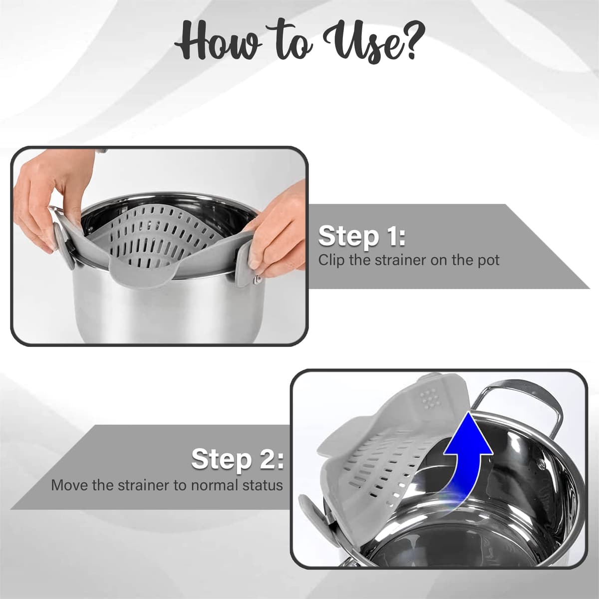 Strainer and Pasta Strainer - Adjustable Silicone Clip On Strainer for Pots, Pans, and Bowls, Kitchen Gadget, Gadgets for Home, Kitchen Must Haves, Fits All Bowls and Pots - Grey — view 4