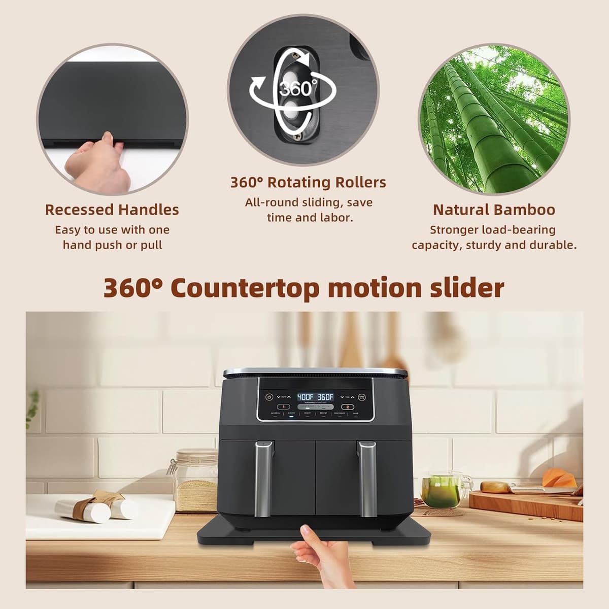 360° Rolling Tray Bamboo Appliance Slider for Kitchen Appliances, for Breville Espresso Machine Accessories, Sliding Tray for Coffee Maker Appliances Mat Easily from Under The Cabinet Black 13"×15.7" Black 15.7x13inch — view 3