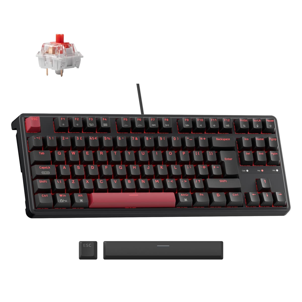 Keychron C3 Pro Wired Mechanical Keyboard - ISO UK Layout, 87 Key TKL Compact, Gasket Mount, QMK/VIA Programmable, Red Switches, Red Backlight, for Mac Windows Linux Gaming