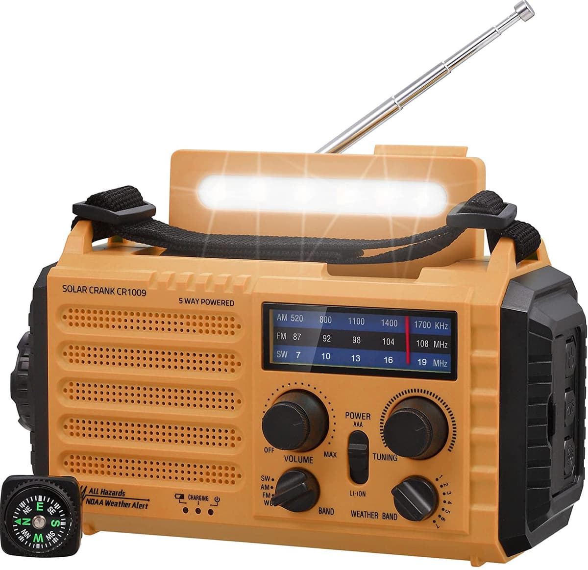 5000mAh Solar Radio, Portable Emergency Radio with Crank,Dynamo Weather Am/FM Radio, USB Phone Charger, LED Flashlight and Reading Light, SOS Alarm, Compass for Outdoor Camping