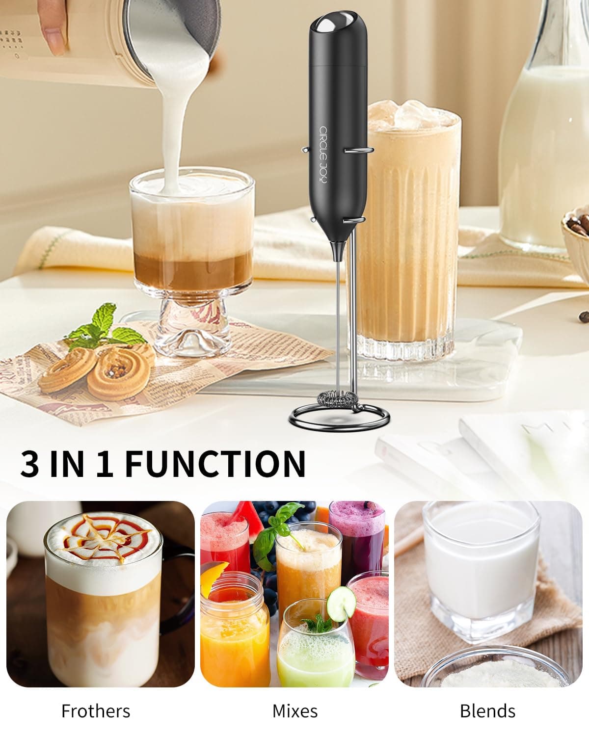 CIRCLE JOY Montalatte a Mano con Supporto, Frullino Montalatte Elettrico, a Batteria Mini Schiumatore per Latte, Cappuccino, Matcha, Regalo da Cucina, Nero — view 6