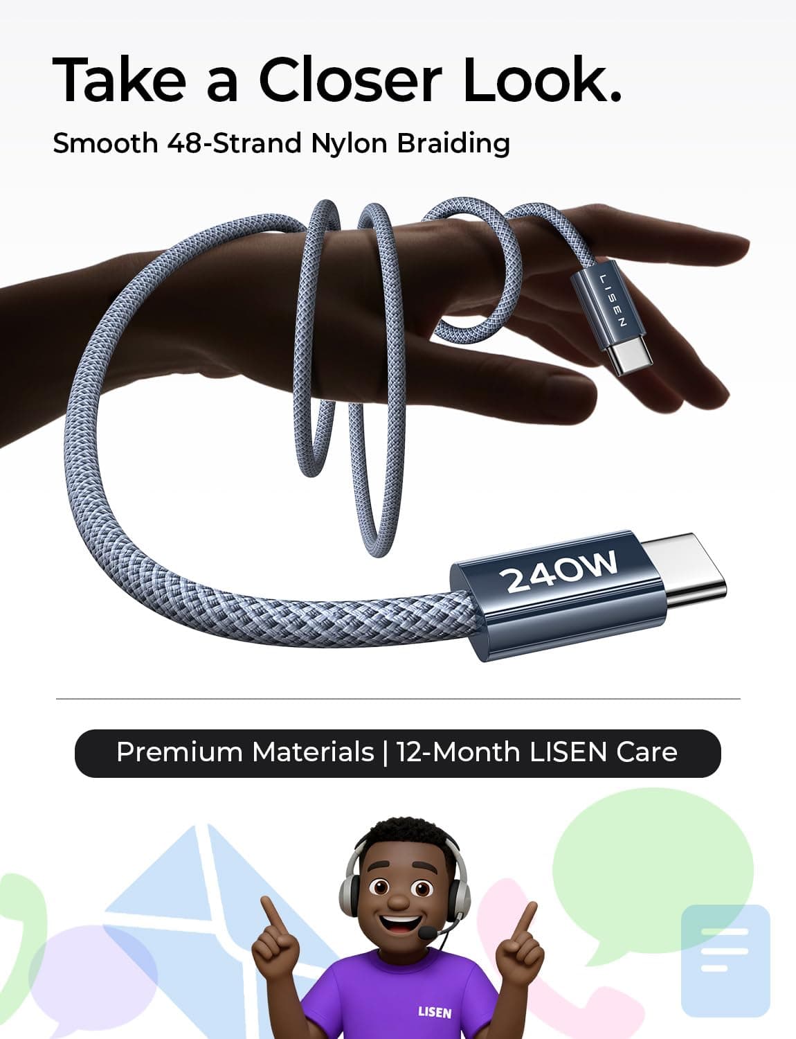 LISEN 240W USB C to USB C Cable [2-Pack 2m] USB C Charger Cable, Nylon Type C Charger Cable Fast Charging for iPhone 17 16 15 Pro Max, MacBook Pro/Air, iPad Pro, Samsung Galaxy S25 S24, Switch 2 — view 8