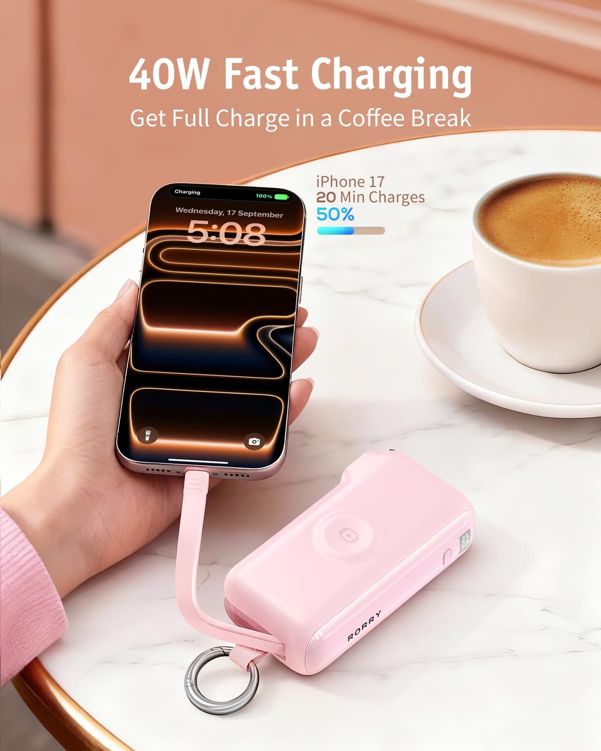 RORRY Flow Portable Charger, 10000mAh 40W Fast Charging Power Bank with Built-in USB C Cable and Foldable Wall Plug, Battery Pack Travel Essentials for iPhone 17/16/15, Apple Watch, iPad, MacBook — view 4