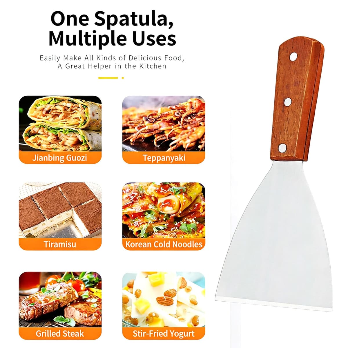 Griddle Scraper, Stainless Steel Burger Flipper, Non Stick Pizza Spatula, Heat Resistant BBQ Scraper Wooden Handle Grill Scraper for Food Service Cooking Cleaning, for Home Kitchen — view 4