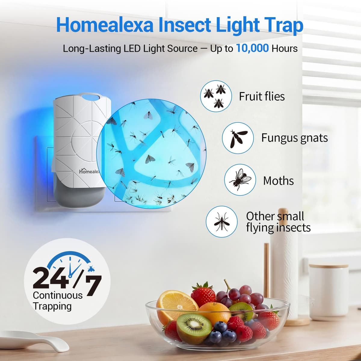 Homealexa Fruit Fly Trap Indoor, Plug-in LED UV Fly Catcher for Flies, Gnats & Moths, 180° Rotating Plug, Insect Trap with 24/7 Operation, 1 Device + 6 Refills — view 2