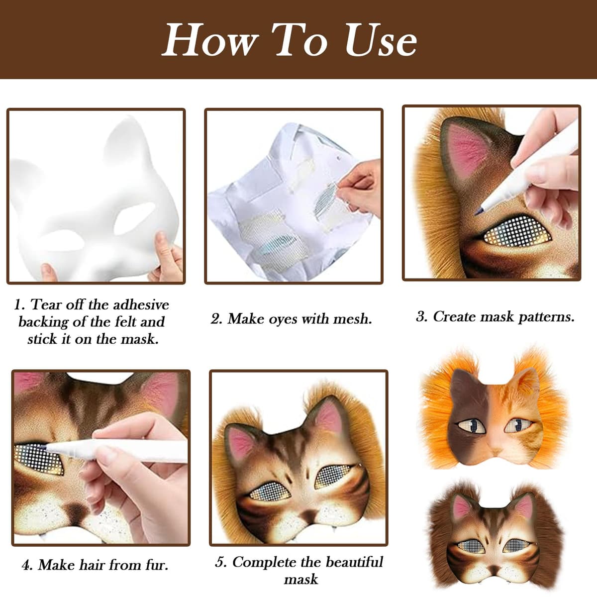 Mask, Furry Mask for Creative Expression, DIY Cat Mask Kit with Pre-Cut Materials, Two Complete Mask Sets in Orange and Brown with Adhesive Felt and Mesh Fabric — view 3