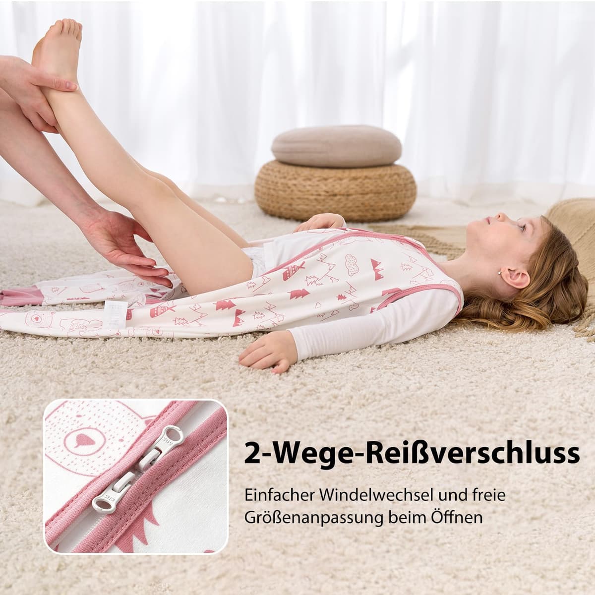 Looxii Pack de 2 Saco de Dormir bebé con Pies 0.5 TOG Algodón sacos de dormir de verano para 3-4 año Niños Niñas 90 cm Oso Rosa — view 4