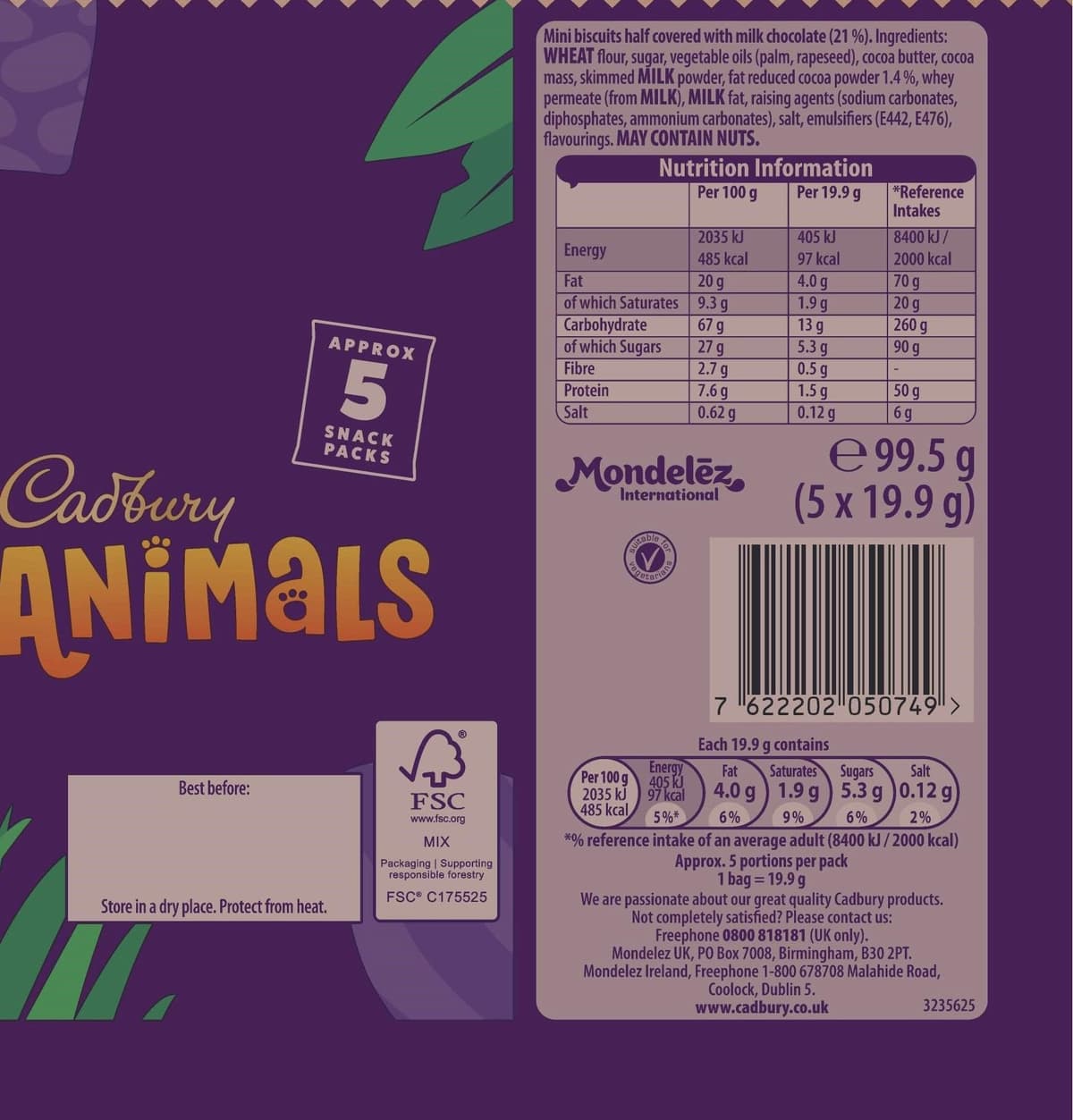 Cadbury Animals Mini Biscuits, Fun Animal Shaped Biscuits for Kids, 5 19.9 g Snack Packs (Pack of 1) — view 2