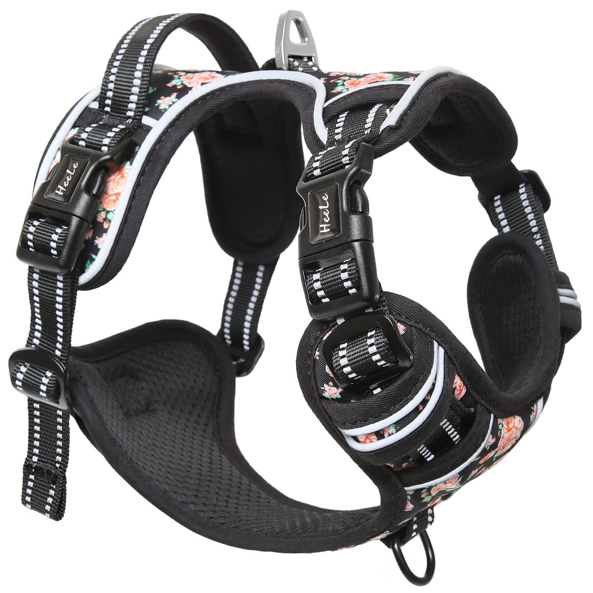 HEELE Arnés Reflectante para Perro, con Control de Mango Acolchado, 2 Anillos de Metal, arnés para Perros pequeños, medianos y Grandes, Flores-Negro, L — view 8