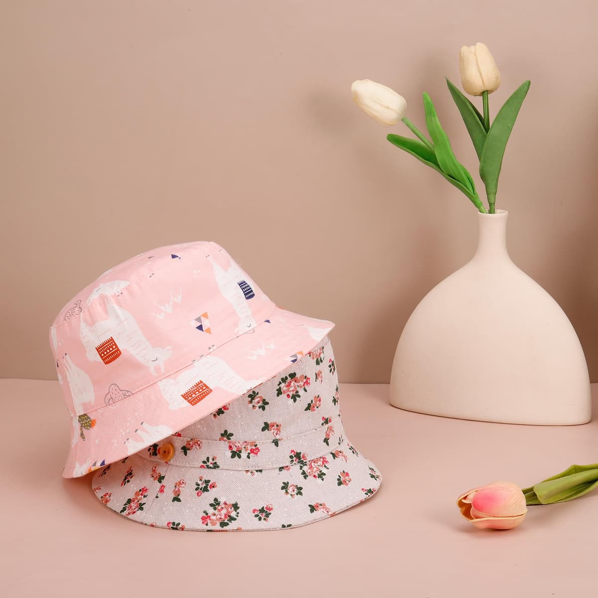 2 Pieces Toddler Sun Hat Kids Bucket Sun Hat Baby Cute Print Summer Hat with Adjustable Head Drawstring and Chin Strap Outdoor Kids Summer Protection Bucket Hats — view 4