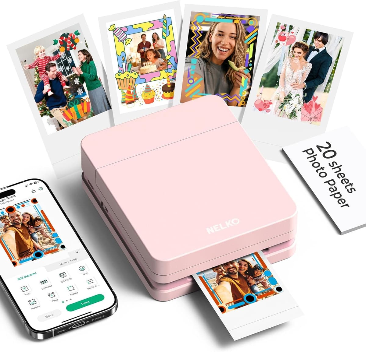 Nelko Photo Printer, PP01 Color Portable Mini Photo Printer, Instant Smartphone Inkjet Sticker Printer, Sticky-Back Photos, for iOS & Android, Fun Editing Smart AI APP, Pink