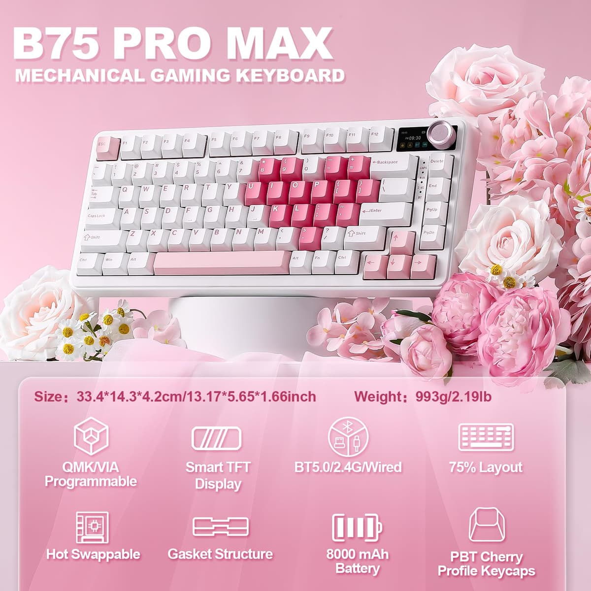 YUNZII B75 Pro MAX Teclado Mecánico Inalámbrico, Diseño 75% con Pantalla TFT y Control Giratorio, Hot Swap, QMK/Via, RGB, BT/USB-C/2,4G para Win/Mac (Corazón Blanco, Milk V2 Switch) — view 2
