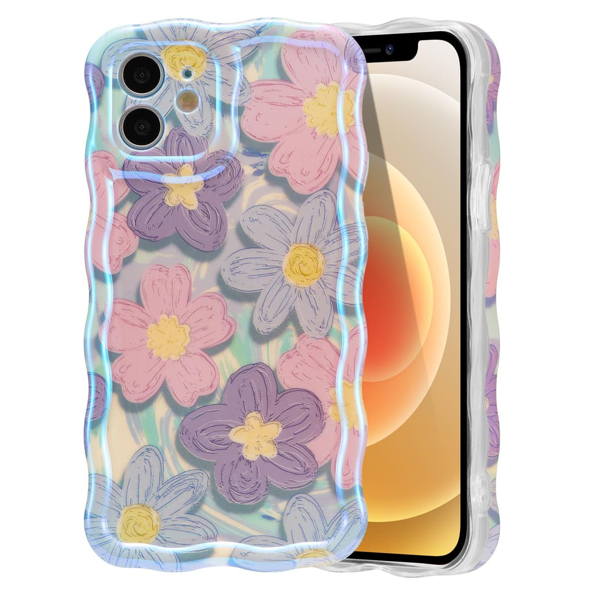 EYZUTAK Case for iPhone 16, Colorful Retro Oil Painting Printed Flower Laser Glossy Pattern Cute Curly Wave Edge Exquisite Phone Cover Stylish Durable TPU Protective Case for Girl Women-Green — view 88