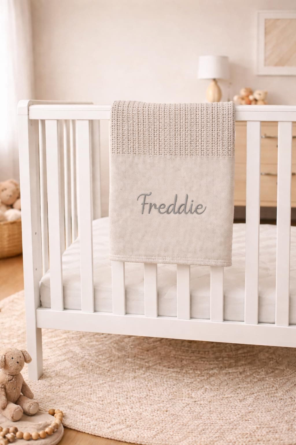Personalised Cellular Baby Blanket with Embroidered Name – 100% Cotton Soft Breathable Newborn Blanket, Pram Crib Moses Basket Blanket, Hot Air Balloon Design, 70x110cm (4 Colours) (Grey) — view 3