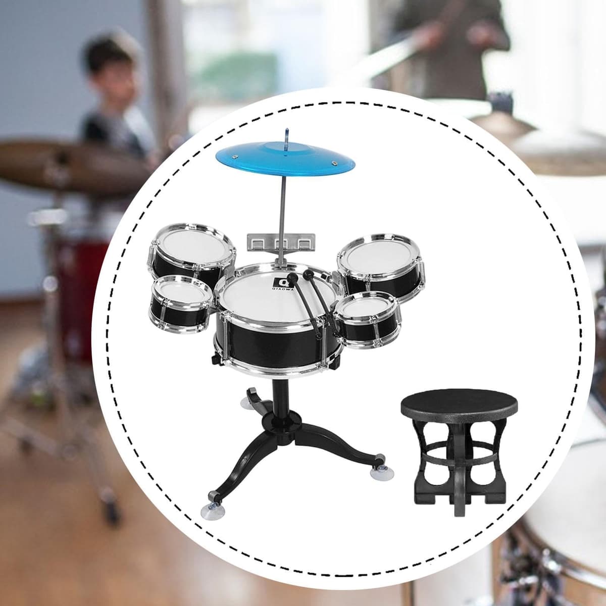 Amagogo Batería para niños de 3 a 6 años, con Baquetas, 5 Tambores, Juguete rítmico, Kit de batería de Jazz para niños, Negro — view 5