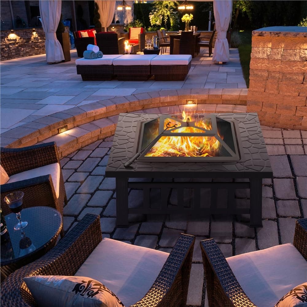 Yaheetech Outdoor Fire Pit 81cm Square Fire pits 3-in-1 Heat-resistant Metal Garden Stove for Barbecue, Heating, Cooling Drinks with Cover & Poker, Black — view 2