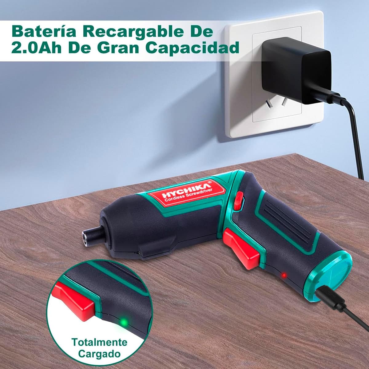HYCHIKA Destornillador Eléctrico 6N.m, Atornillador Eléctrico Inalámbrico 3.6v Batería 2000mAh (Máximo Par 6 N.m) LED Luz, Mandril Magnétic, Cable USB, 20 Accesorios — view 4