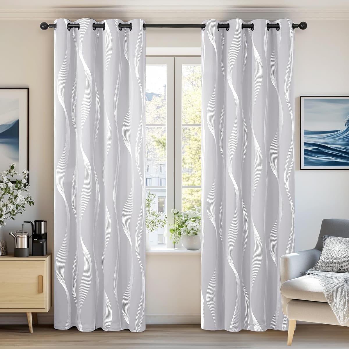 Deconovo Grey Blackout Curtains for Living Room 72 Drop Silver Wave Line Foil Printed Blackout Curtains Thermal Insulated Curtains Eyelet Curtains for Baby Nursery 46 x 72 Inch Light Grey Two Panels — view 22