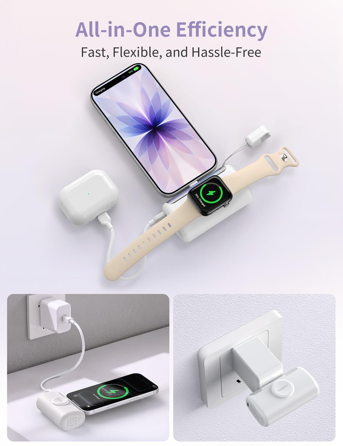 RORRY PalmGo Portable Charger, 10000mAh PD 22.5W Fast Charging Mini Power Bank with Built-in USB C Connector, 3-in-1 Battery Pack for iPhone 17/16/15 Pro/Max, Apple Watch Ultra/11/10/SE, iPad, Pink — view 5