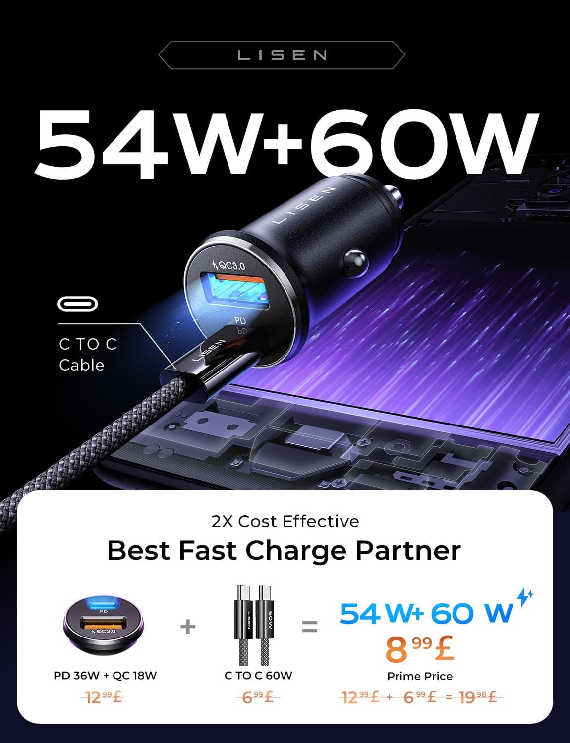 LISEN Car Phone Charger USB C 54W 12V USB Socket [USBC 36W+QC18W] With 60W USB C Cable Car Charger Fast Charge Cigarette Lighter USB Charger Car Accessories for Men for iPhone 17 Pro Max Samsung S25 — view 4