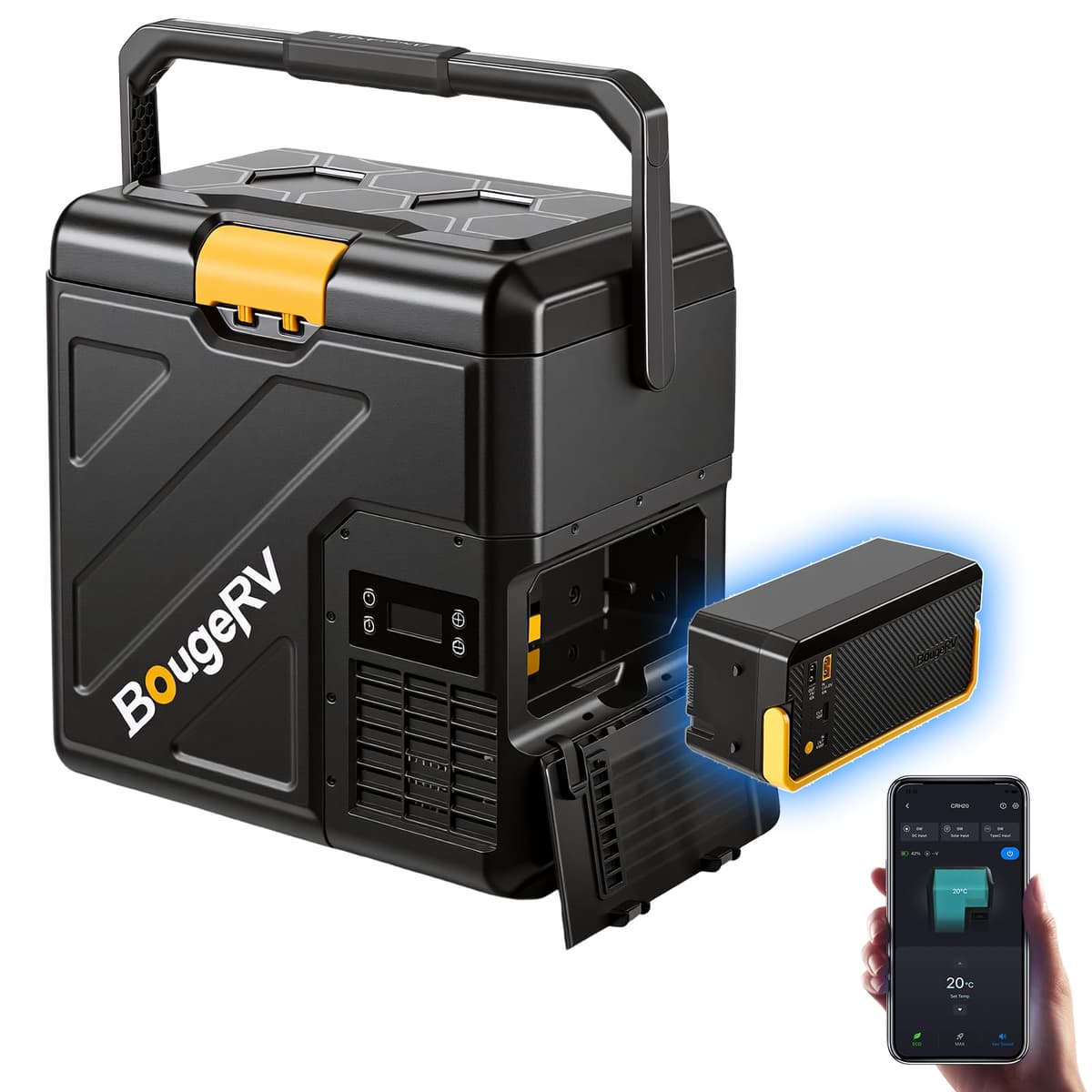 BougeRV CRH20 12V Car Fridge with 240Wh Battery, 20L Compressor Refrigerator, Portable Freezer, IPX4 APP Control -20℃ to 20℃, 12/24V DC, 110~240V AC for RV Road Trips Truck Camping Outdoor (2026 New)